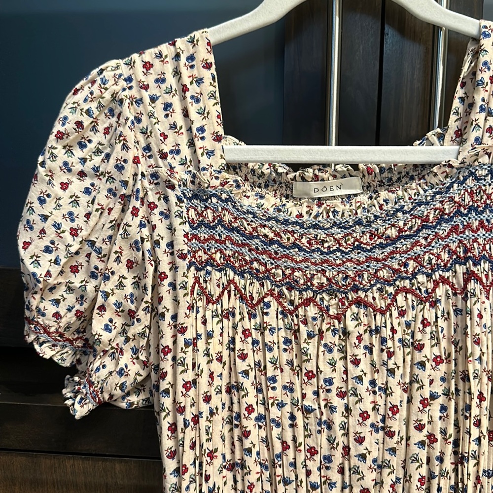 DOEN floral maxi dress with smocking detail.